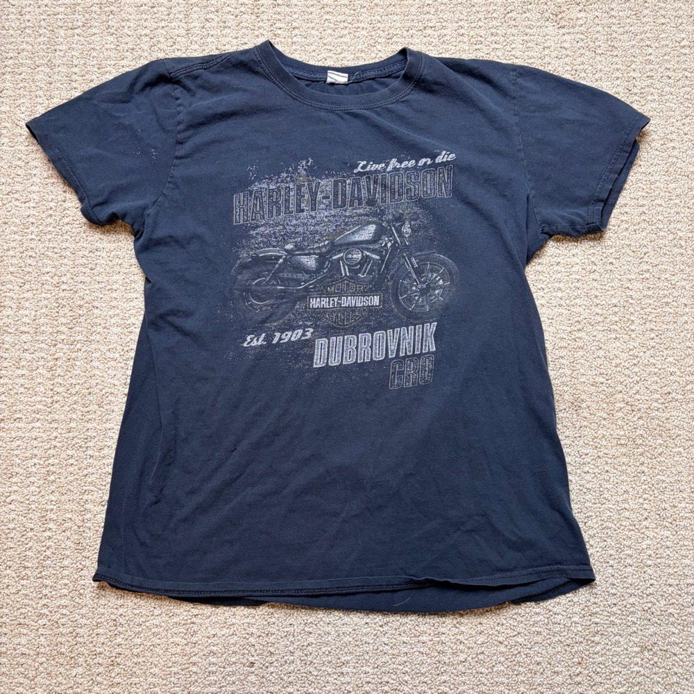 Harley-Davidsonโ Womens M Dubrovnik Croatia Graphic T-Shirt Navy Blue Biker Tee